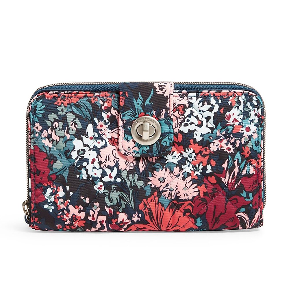 Vera Bradley RFID Twill  Turnlock Wallet Cabbage Rose Cabernet Blue Floral Print